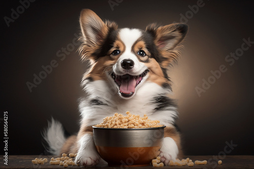 Smiling dog in front of pet food, nutrition concept photo