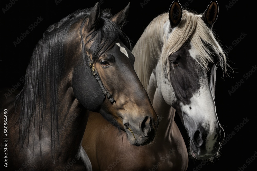 Two horses' portraits on a black background. Generative AI Two horses' portraits on a black background. Generative AI