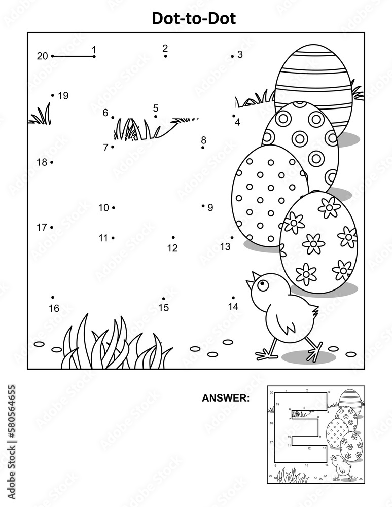 Letter E dottodot activity and coloring page with Easter painted eggs Stock Illustration