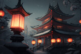 Enchanting Chinese Lanterns Illuminating a Pagoda in the Dark Night