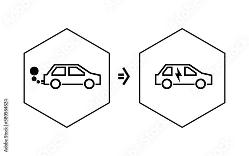 Icon für den Wandel von Verbrennungsmotoren zu E-Mobilität vor transparenten Hintergrund.