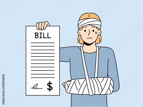 Unhappy crying woman with hand in cast show long expensive medical check. Upset girl demonstrate hospital bill. Healthcare and medicine expenses. Vector illustration. 