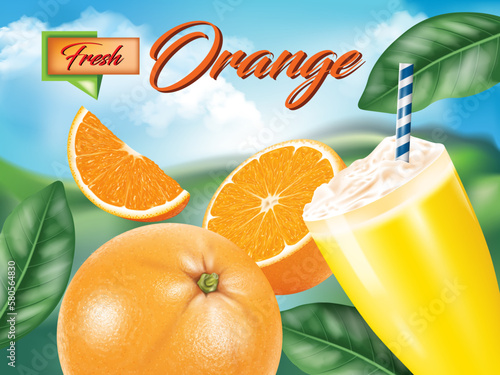 oranges and fresh orange juice glass with beautiful outdoor orange fruit juice advertising template design,vector 3d illustration element.