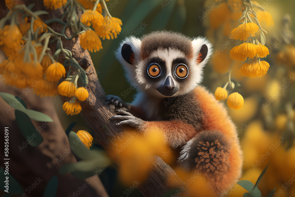 baby lemur with orange fur, yellow eyes, in a fruit tree garden on a spring day, generative ai baby lemur with orange fur, yellow eyes, in a fruit tree garden on a spring day, generative ai