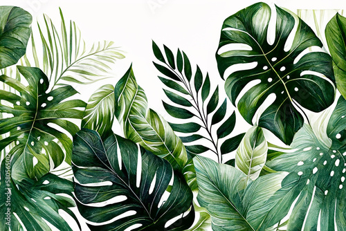 Watercolor Illustration leaves background, tropical plants on white background, AI generated Art