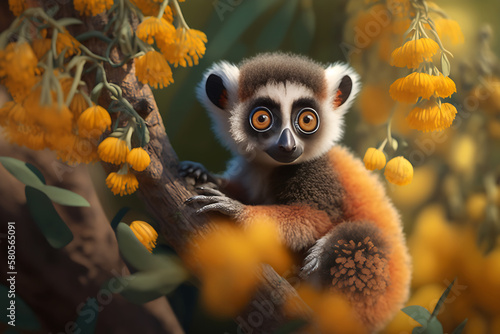 baby lemur with orange fur, yellow eyes, in a fruit tree garden on a spring day, generative ai