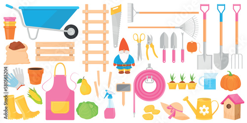 Vector cartoon set with garden objects and tools. The concept of caring for seedlings and vegetable garden. Farm work. Elements for your design.