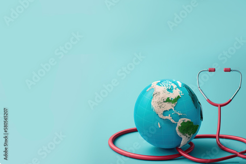 Stethoscope, globe and heart on blue background with copy space. World health day concept Global health care. Generative ai.