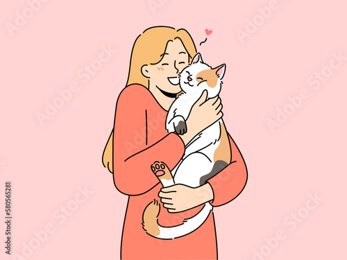 Happy woman hold cat in arms cuddling cute domestic animal. Smiling girl hug fluffy pet. Ownership and friendship. Vector illustration. 