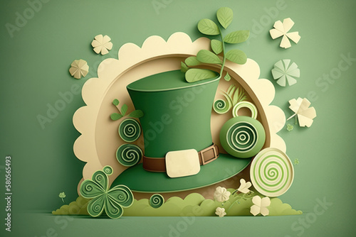 Cute illustration card wallpaper of saint Patrick's day design on pastel green background. Generative ai photo