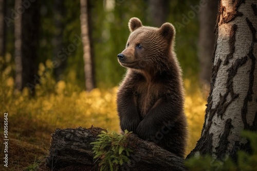 A brown bear cub in the woods. Brown bear's picture. Animal living in the wild. Brown bear cub without its mother. Generative AI