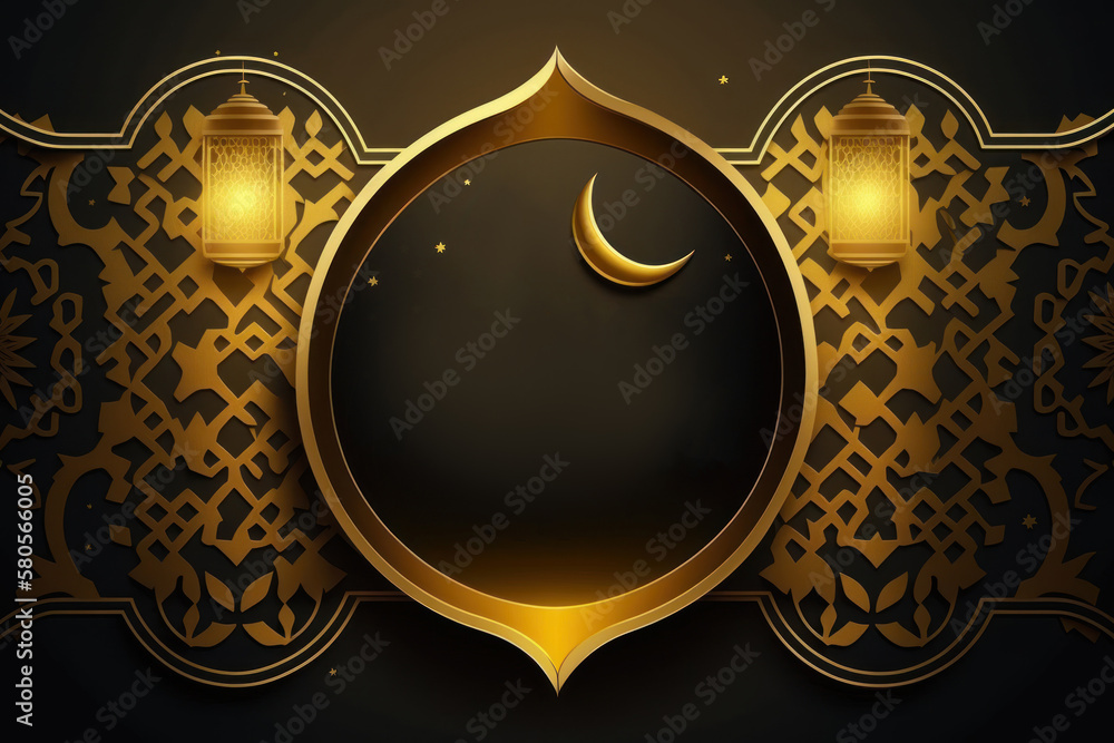 Fototapeta premium Ramadan kareem arabic golden banner design template. Black and gold background. Generative ai.
