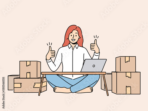 Smiling woman sit at home with computer show thumb up selling products on internet. Happy successful female entrepreneur excited with online sales. Vector illustration. 