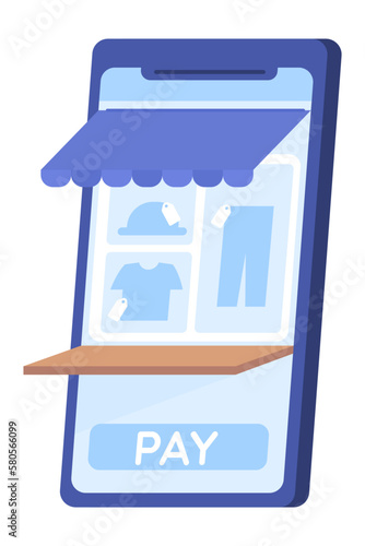 Online marketplace website on mobile phone flat concept vector spot illustration. Editable 2D cartoon icon on white for web design. Creative idea for website, mobile, magazine. Quicksand font used