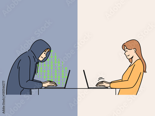 Woman chatting online on computer with male hacker. Man scammer communicate on internet with girl. Fake boyfriend and web scam. Vector illustration. 