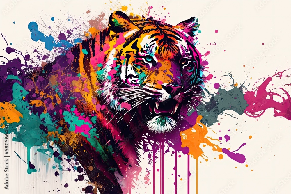 Bright, abstract background with tiger, paint splatters, and splashes