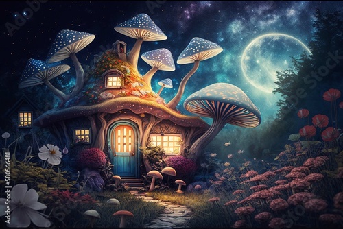 Fantasy Night Milky Sky Mushroom House Illustration. AI Concept Generated Finalized in Photoshop by Me