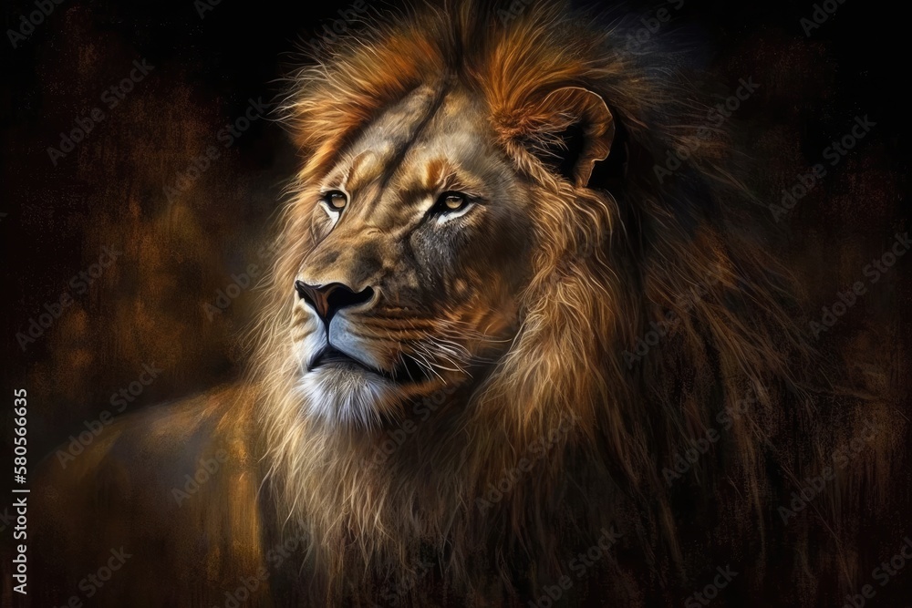 Portrait of a Beautiful Lion, Lion in the Dark, oil paintings. Generative AI
