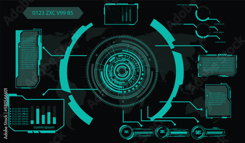 digital interface HUD elements set pack. User Interface, frame screens. Callouts titles, FUI circle set, Loading bars. Dashboard reality technology screen. Vector	