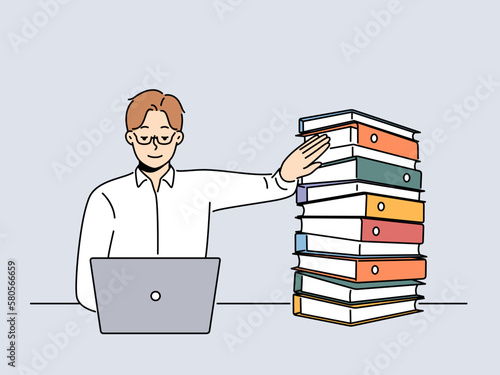 Businesswoman work on laptop put away paper folders. Smiling male employee busy on computer digital operations refuse from paper documents. Vector illustration. 