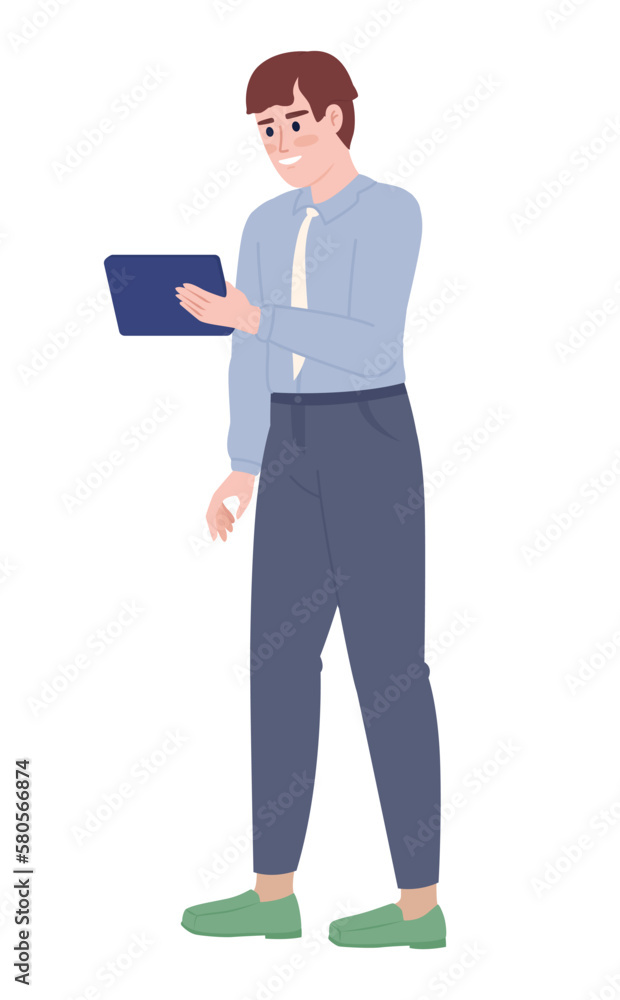 Smiling office manager with tablet semi flat color vector character. Editable figure. Full body person on white. Simple cartoon style spot illustration for web graphic design and animation Smiling office manager with tablet semi flat color vector character. Editable figure. Full body person on white. Simple cartoon style spot illustration for web graphic design and animation
