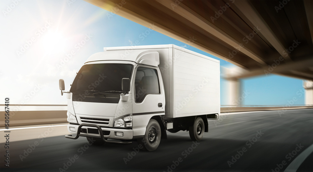 White truck driving on the speedway with beautiful sunlight. Cargo logistic and freight shipping concept. 3D rendering.