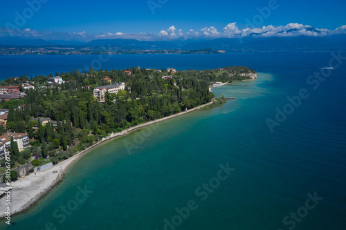 Morning photography with drone. Archaeological site of Grotte di Catullo, Sirmione, Italy early morning aerial view. lake garda. Tourist destination in Lombardy region of Italy