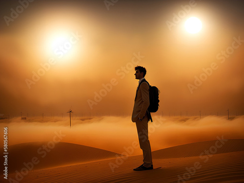 Generative Illustration AI of man standing in desert on planet with two stars