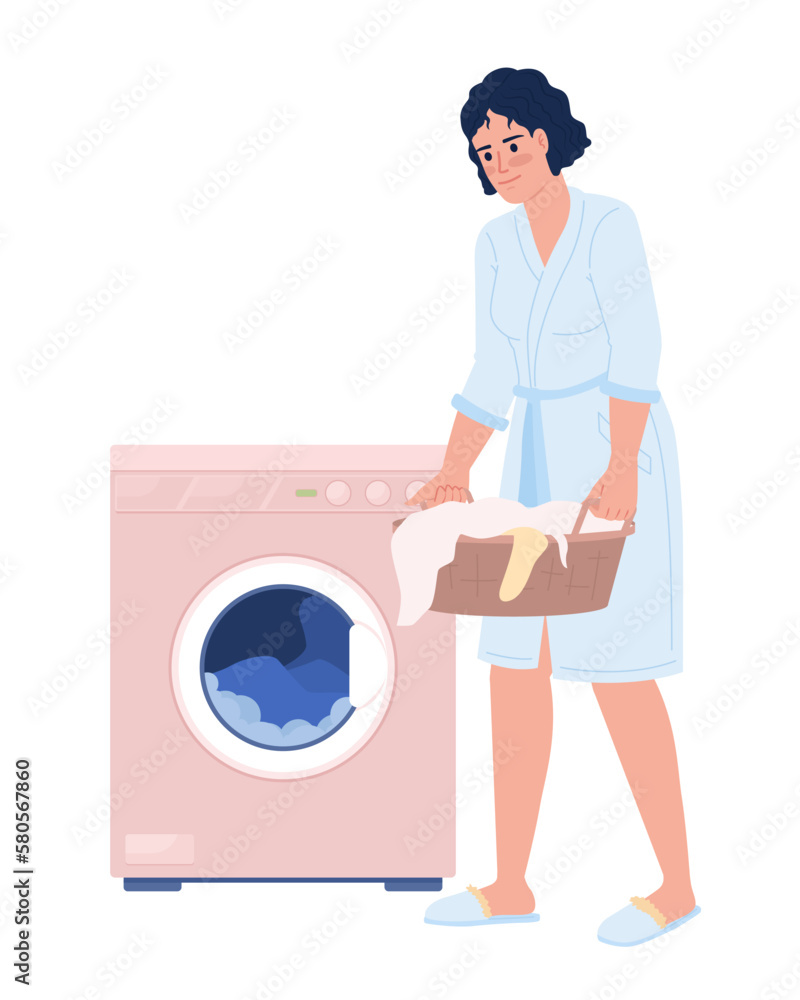 Woman loading washing machine with laundry semi flat color vector character. Editable figure. Full body person on white. Simple cartoon style spot illustration for web graphic design and animation