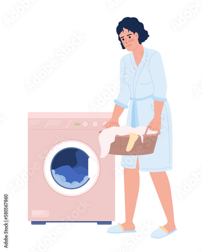 Woman loading washing machine with laundry semi flat color vector character. Editable figure. Full body person on white. Simple cartoon style spot illustration for web graphic design and animation
