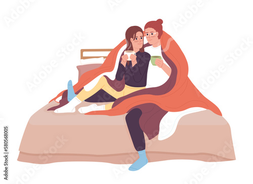 Couple with hot drinks cuddling under blanket semi flat color vector characters. Editable figures. Full body people on white. Simple cartoon style spot illustration for web graphic design, animation