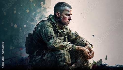 PTSD Mental health with us solider marine, sad expression, AI generated