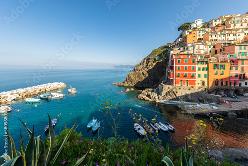 Italy, Liguria, Riomaggiore, Edge of coastal town along Cinque Terre photo