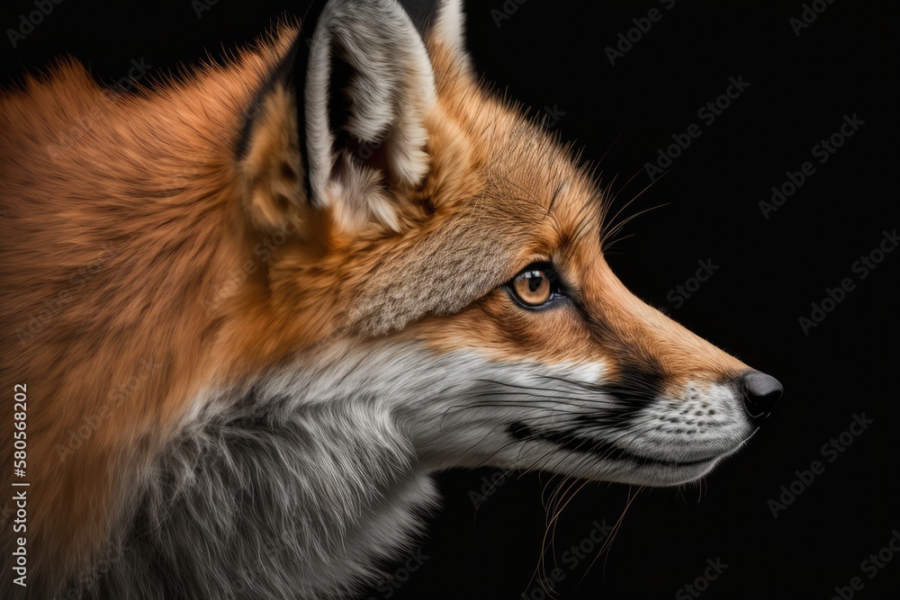 Fototapeta premium Close up profile portrait of a red fox on a black background. Generative AI