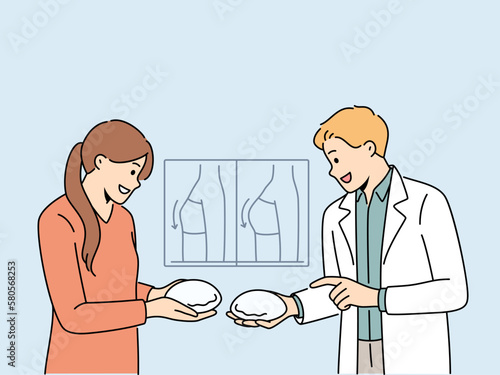 Smiling male plastic surgeon in uniform show breast implants to female client. Happy man cosmetic doctor consult woman patient in aesthetic medicine clinic. Vector illustration. 