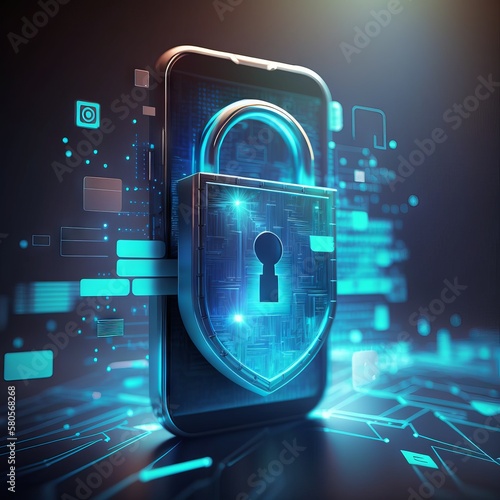 Digital lock in mobile phone . Hi tech phone with digital lock and futuristic setting. Blue color cellphone with giant lock and keyhole, with hi fi background. Digital safe in blue colour. 