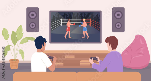 Console two-player fighting video game flat color vector illustration. Gamers boys playing together. Hero image. Fully editable 2D simple cartoon characters with living room, tv set on background