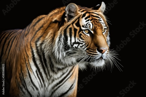 Siberian tiger. Elegant big cat. endangered predator. Stripes of white, black, and orange fur. Photo of a mammal. Generative AI © AkuAku