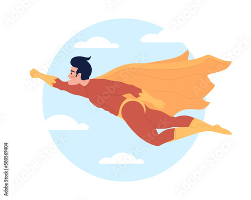 Superhero in sky flat concept vector illustration. Superhuman flying to help. Flash message with flat 2D character on cartoon isolated background. Colorful editable image for mobile, website UX design