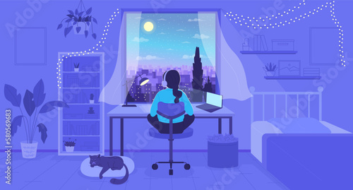 Girl doing homework with music in headphones flat color vector illustration. Nighttime bedroom. Hero image. Fully editable 2D simple cartoon character with nighttime window on background