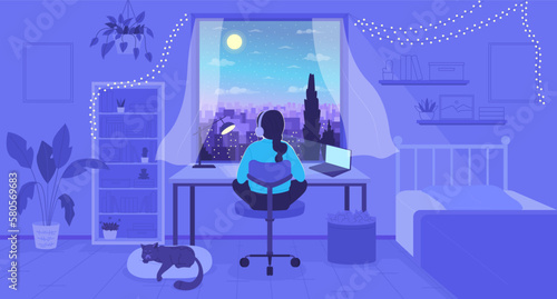 Girl doing homework with music in headphones flat color vector illustration. Nighttime bedroom. Hero image. Fully editable 2D simple cartoon character with nighttime window on background