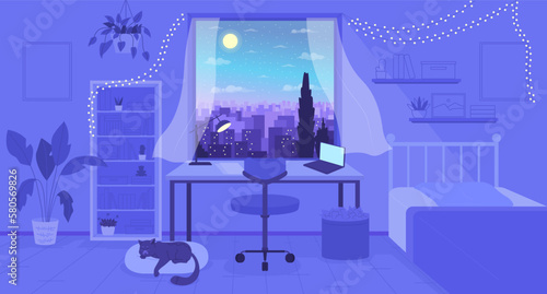 Cozy bedroom with night cityscape view in window flat color vector illustration. Lo fi atmosphere. Hero image. Fully editable 2D simple cartoon bedroom interior with nighttime window on background