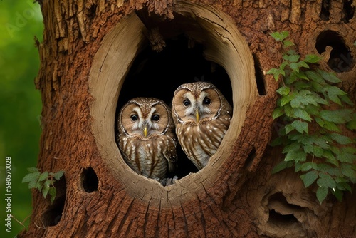 In the English countryside, a pair of tawny owls nest in a hollow tree trunk. Generative AI