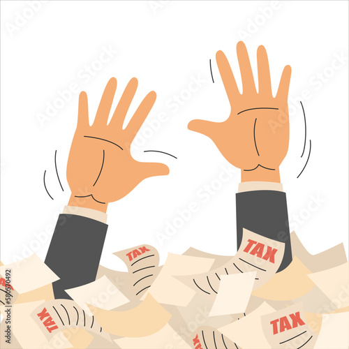 Businessman drowning in bills and tax forms vector isolated. Help business survive, hands above the bills. Businessman in debt.