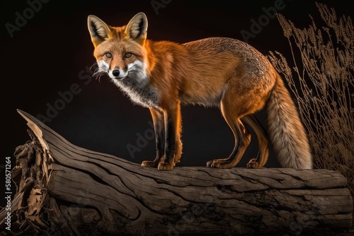Close up of a Red Fox (Vulpes vulpes) standing on a fallen tree at night in the UK. Generative AI © AkuAku