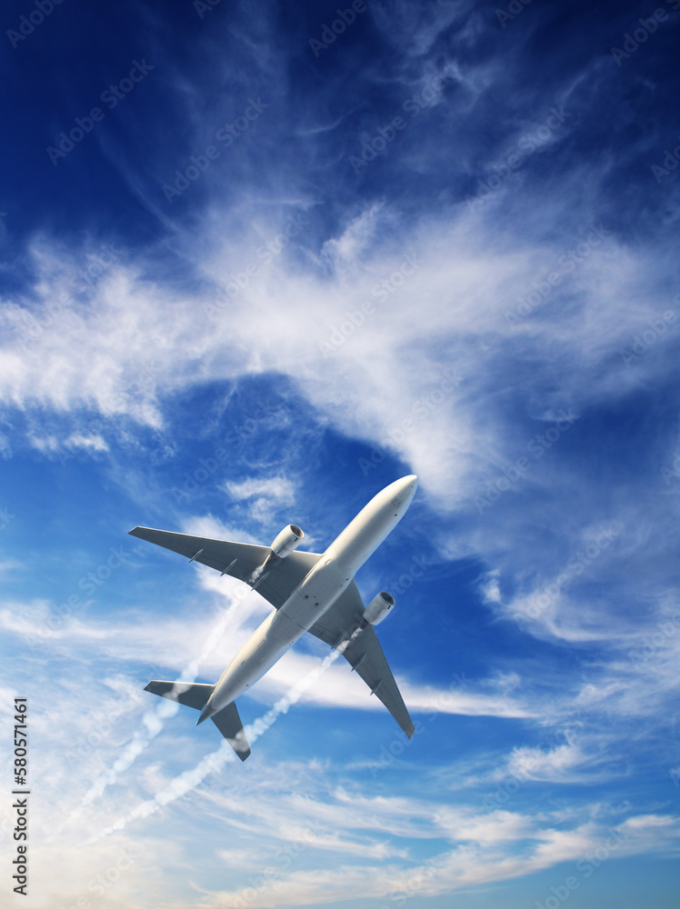 Vertical nature background with aircraft and Jet trailing smoke in sunset sky. Airplane and condensation trail Vertical nature background with aircraft and Jet trailing smoke in sunset sky. Airplane and condensation trail