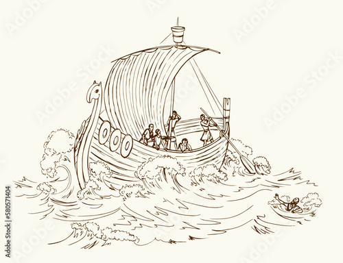 Vector drawing. Sailors on a ship in a storm