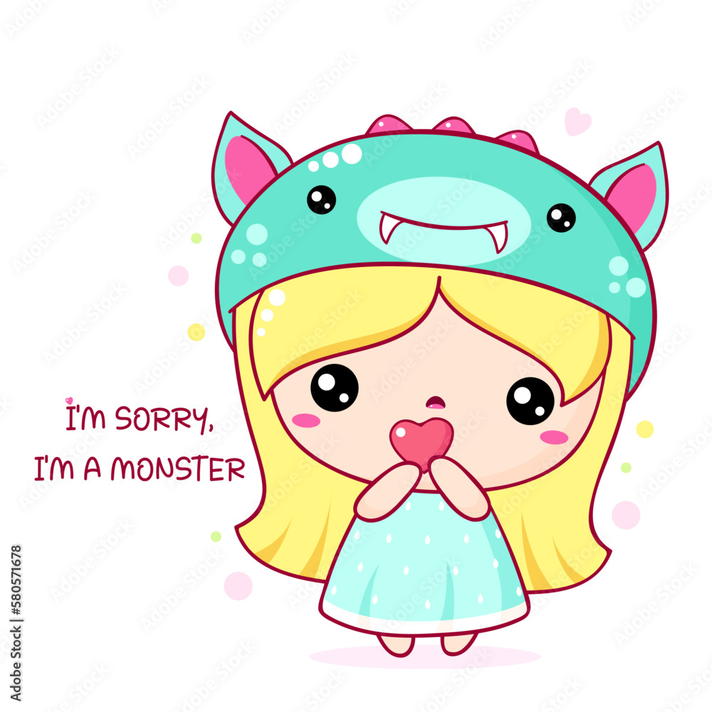 Apologize card with sad cute baby in monster costume. Inscription I'm sorry, I'm a monster. Cute little girl apologize Apologize card with sad cute baby in monster costume. Inscription I'm sorry, I'm a monster. Cute little girl apologize