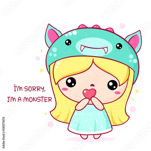 Apologize card with sad cute baby in monster costume. Inscription I'm sorry, I'm a monster. Cute little girl apologize