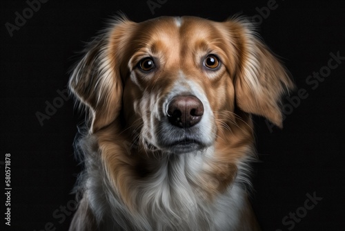 Studio shot of a beautiful dog portrait on a black background. Focus on a funny pet. Pet Lover concept . Pets indoors. Pet care and the idea of animals. point of view from the front. Generative AI